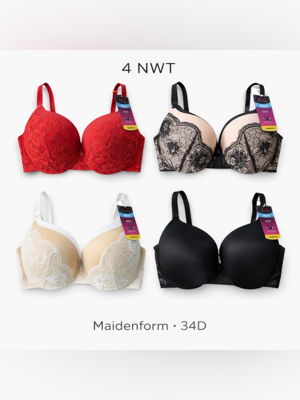 Maidenform Push-Up Bra Bundle 34D | 4 NWT | Lace & Smooth